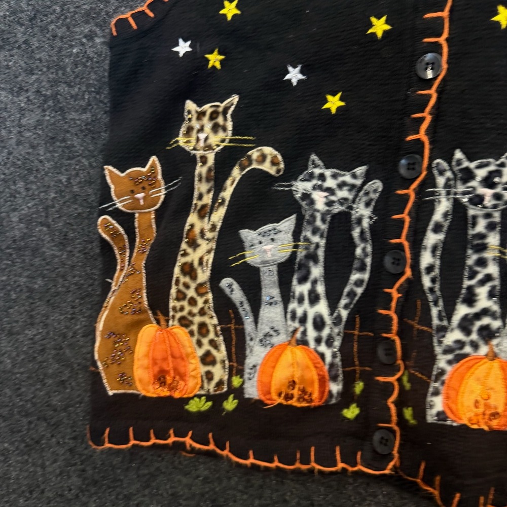 White Stag Vintage 90s Halloween Cat Pumpkin Moon Knit Sweater Vest Black Small - Picture 3 of 9